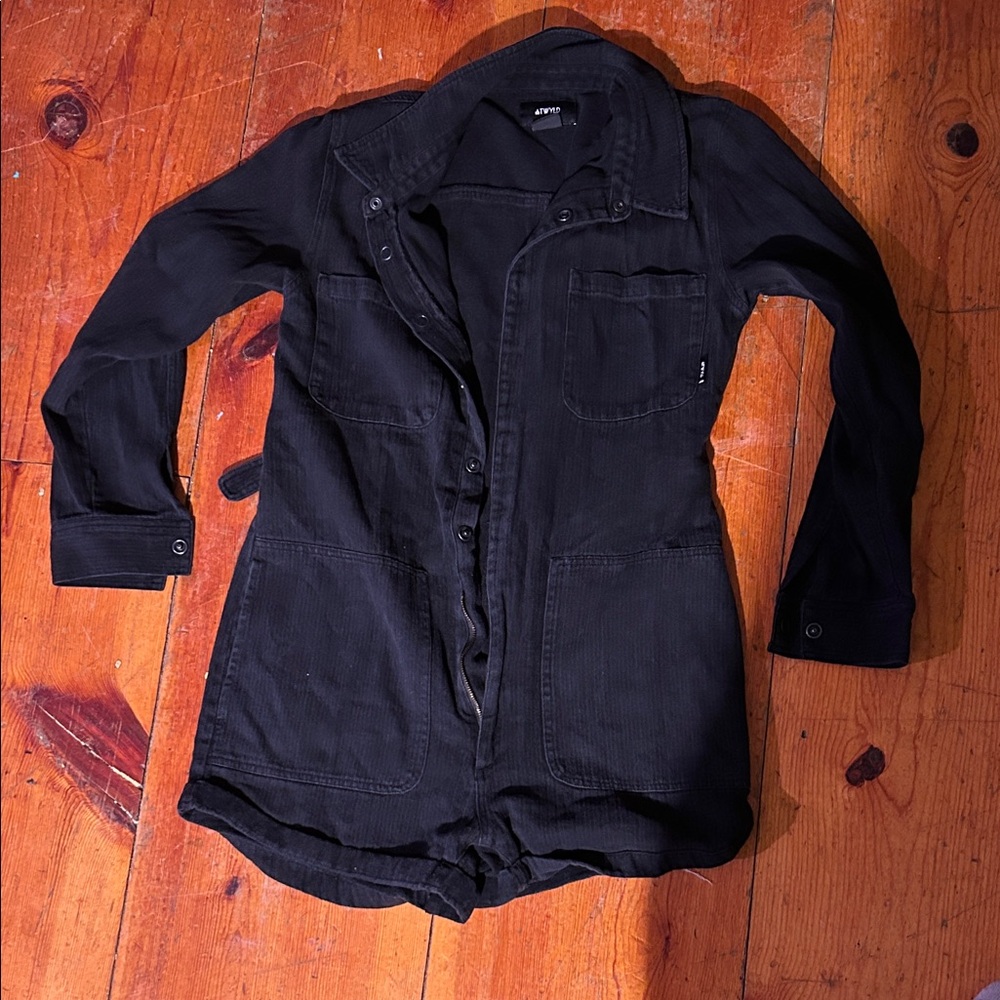 Black Denim Jumpsuit. ATWYLD No Service shorts and longsleeve jumper